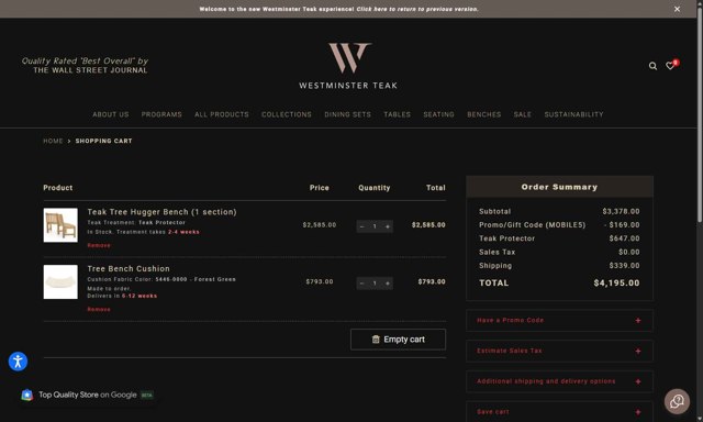 Westminster Teak checkout page showing Westminster Teak promo code box | Screenshot taken by SimplyCodes community member on Sep 2, 2025