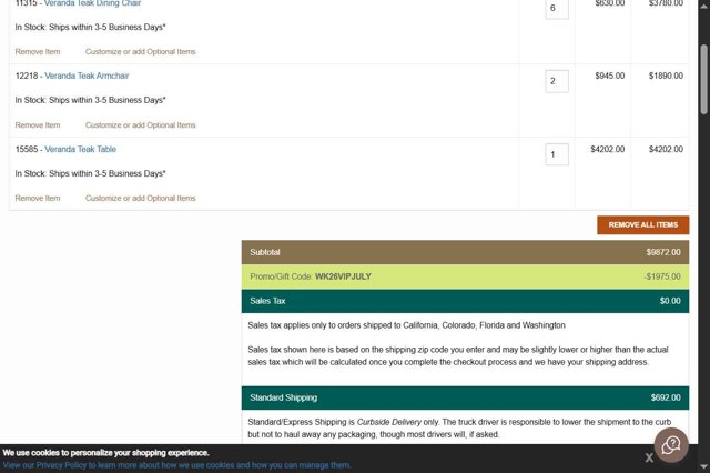 Westminster Teak checkout page showing Westminster Teak promo code box | Screenshot taken by SimplyCodes community member on Jul 4, 2025