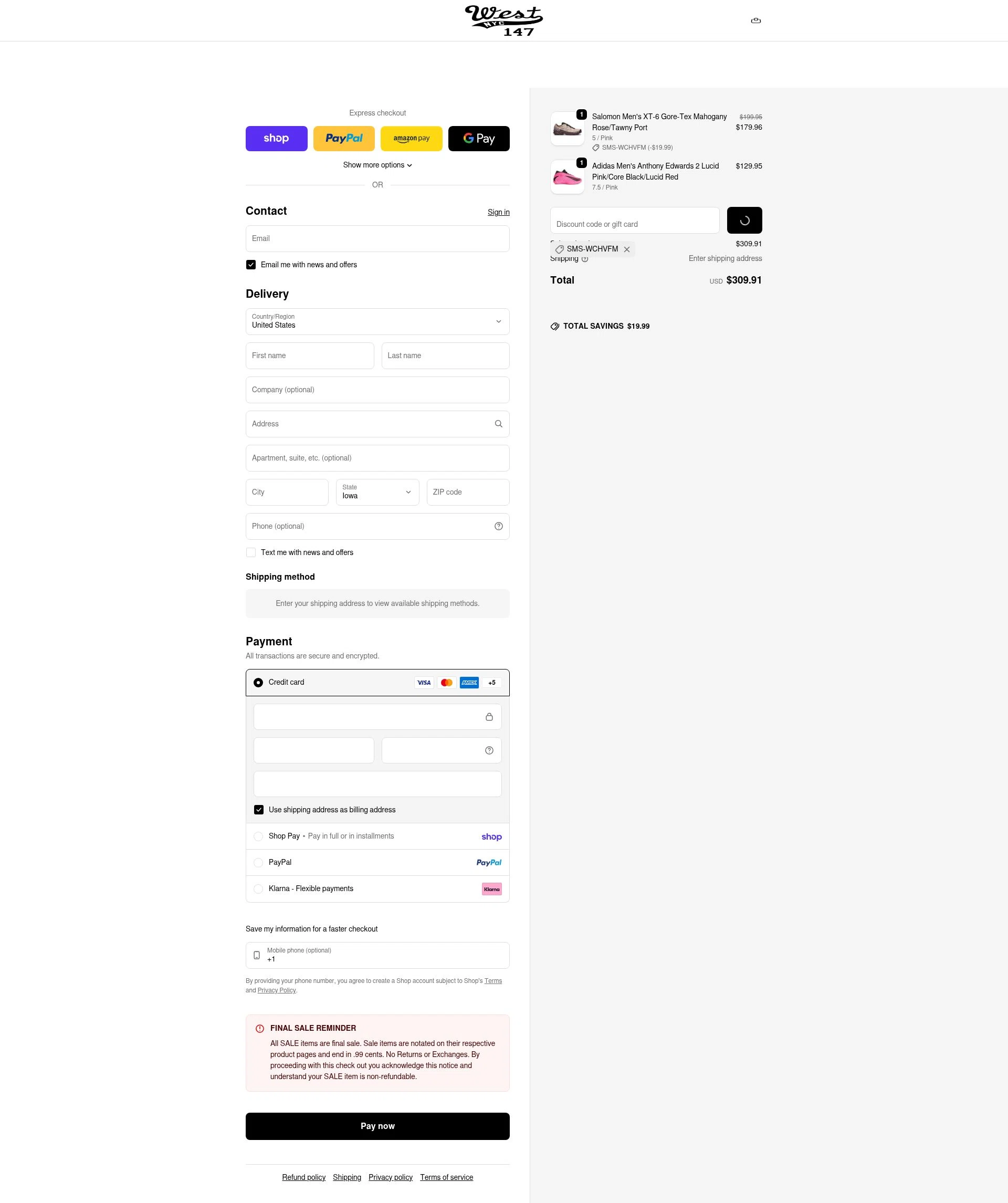 West NYC checkout page showing West NYC promo code box | Screenshot taken by SimplyCodes community member on Feb 5, 2026