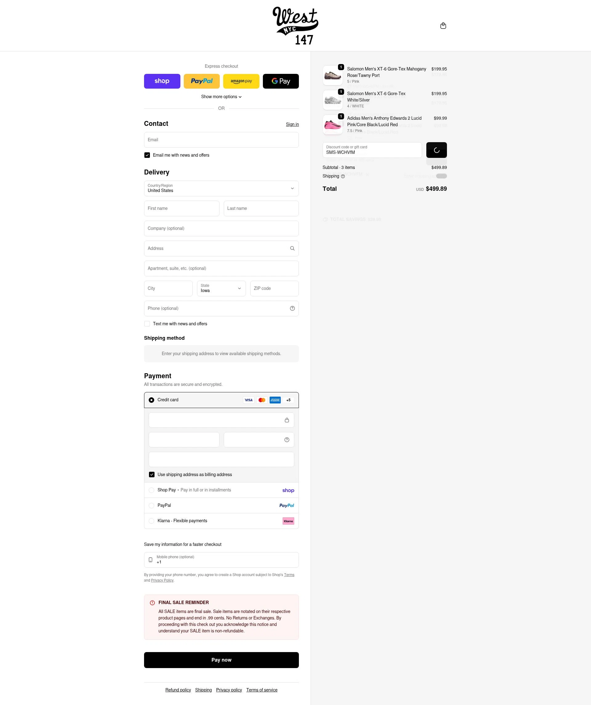 West NYC checkout page showing West NYC promo code box | Screenshot taken by SimplyCodes community member on Feb 14, 2026