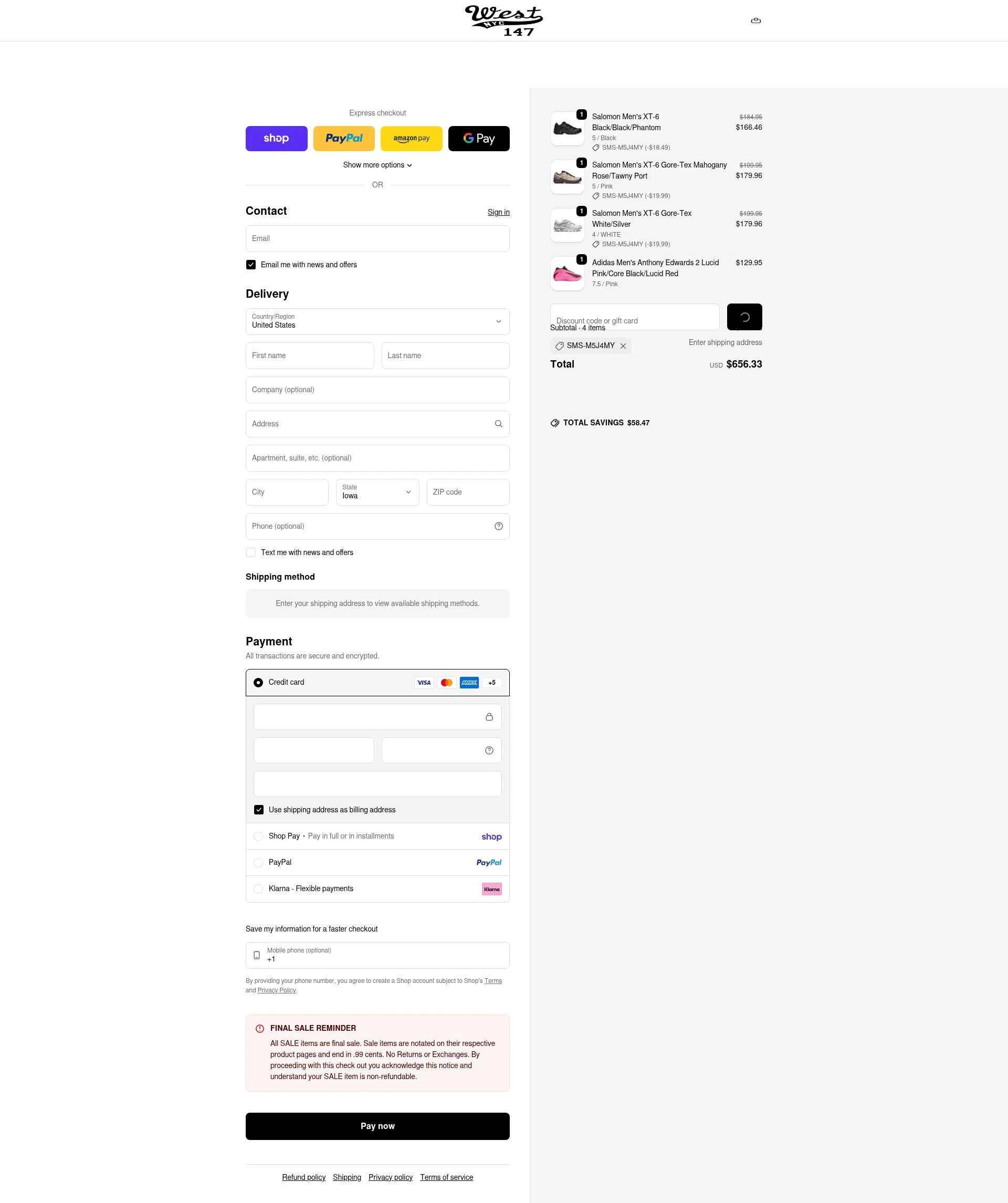 West NYC checkout page showing West NYC promo code box | Screenshot taken by SimplyCodes community member on Feb 9, 2026