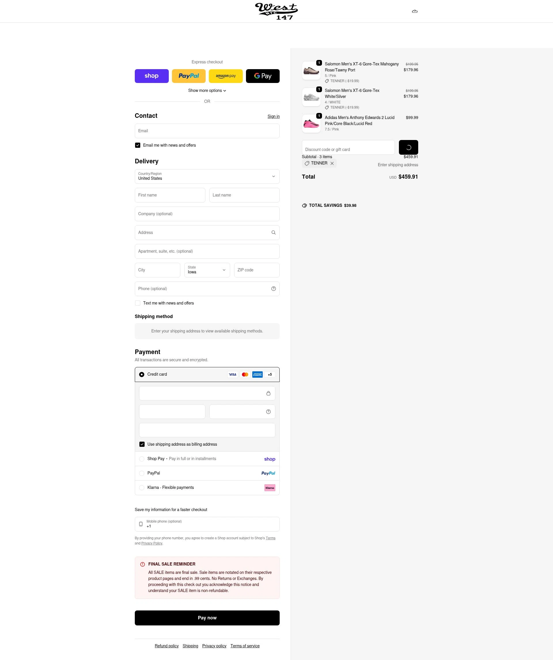 West NYC checkout page showing West NYC promo code box | Screenshot taken by SimplyCodes community member on Feb 14, 2026