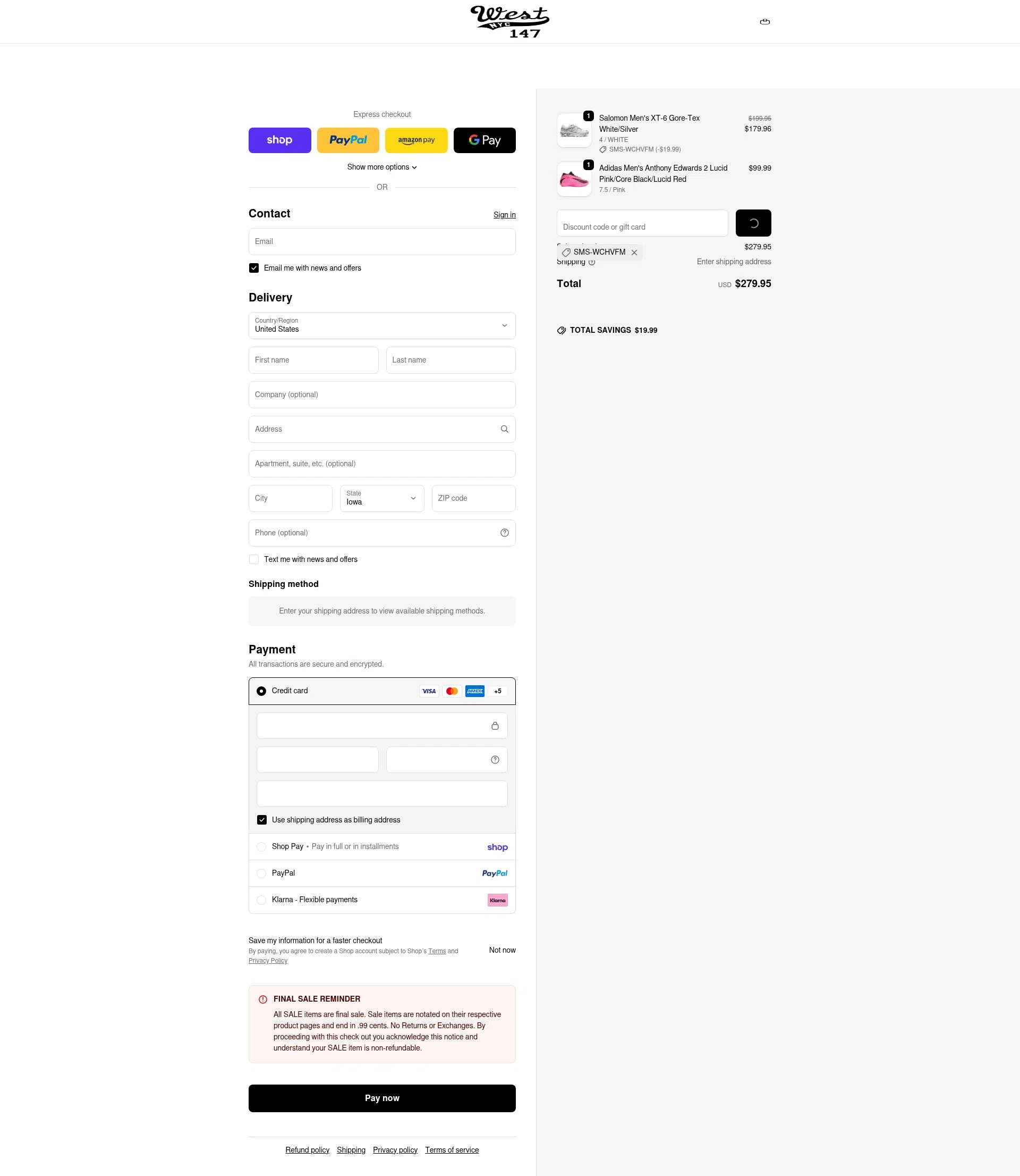 West NYC checkout page showing West NYC promo code box | Screenshot taken by SimplyCodes community member on Feb 18, 2026