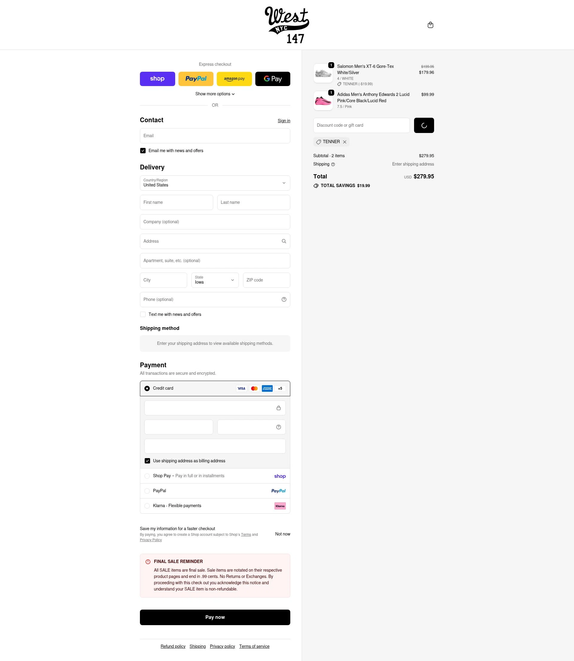 West NYC checkout page showing West NYC promo code box | Screenshot taken by SimplyCodes community member on Feb 18, 2026