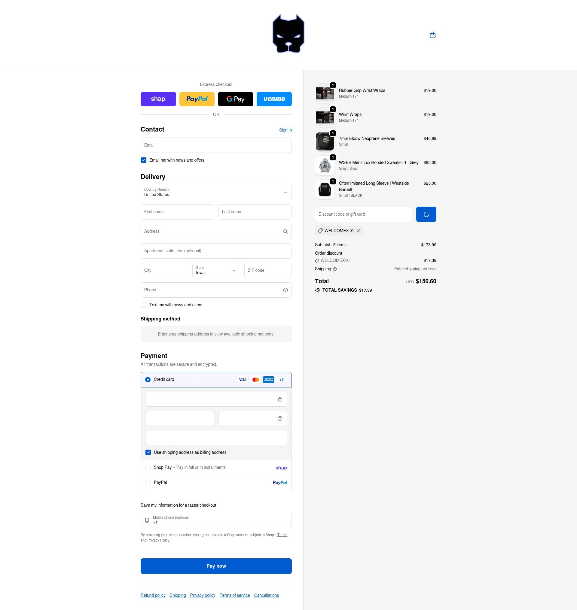 Westside Barbell checkout page showing Westside Barbell promo code box | Screenshot taken by SimplyCodes community member on Feb 2, 2026