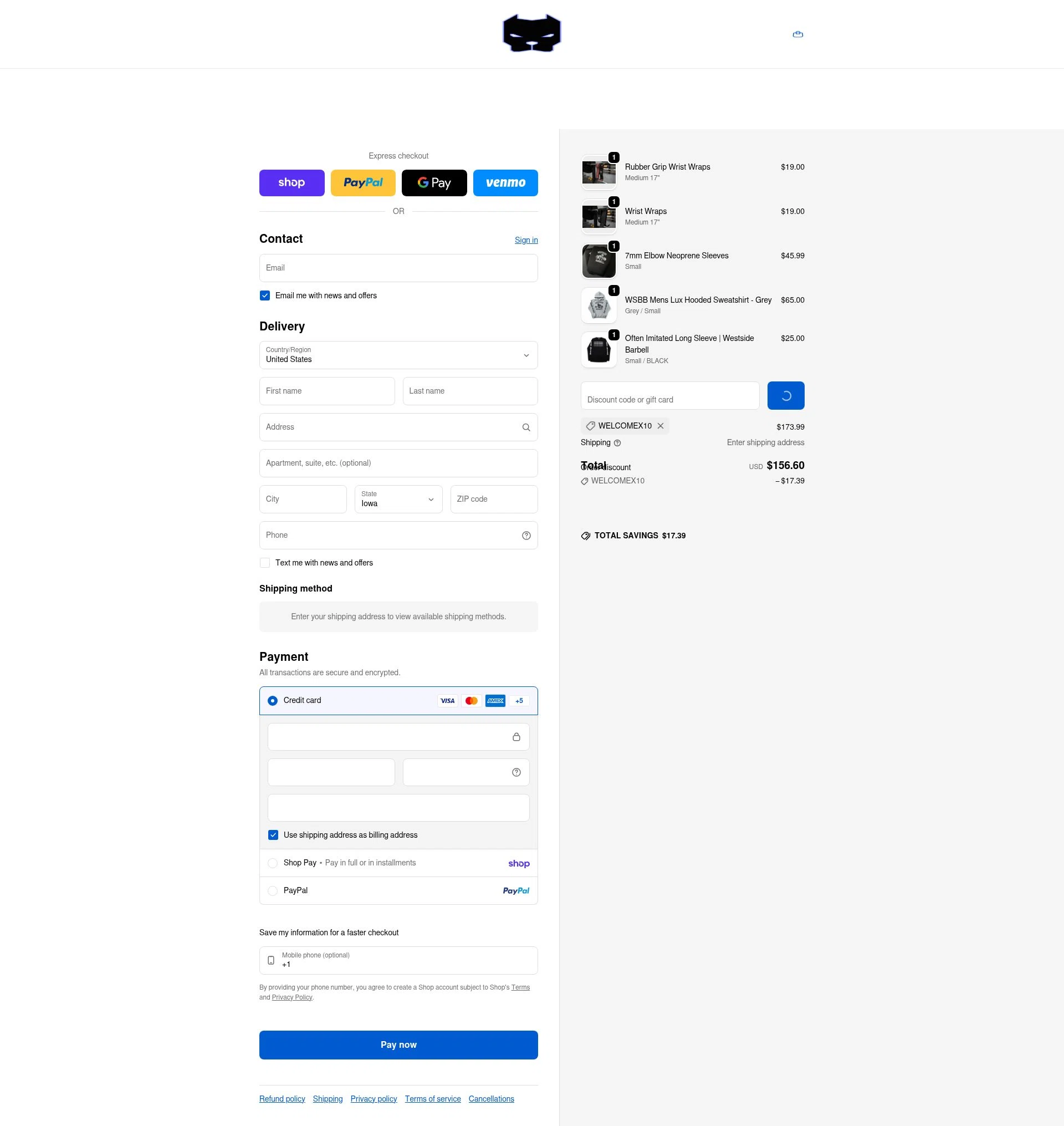 Westside Barbell checkout page showing Westside Barbell promo code box | Screenshot taken by SimplyCodes community member on Feb 6, 2026