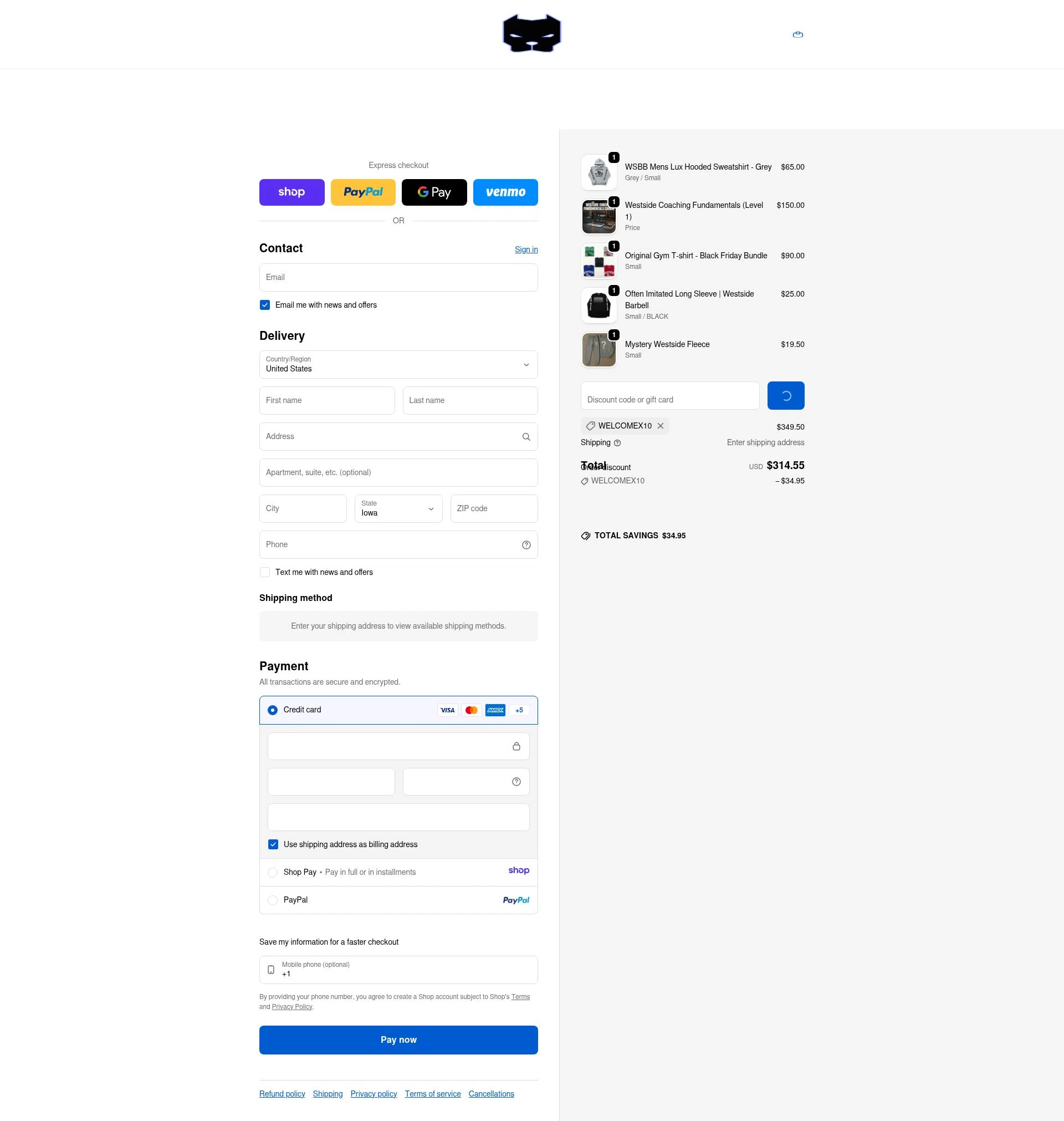 Westside Barbell checkout page showing Westside Barbell promo code box | Screenshot taken by SimplyCodes community member on Jan 14, 2026