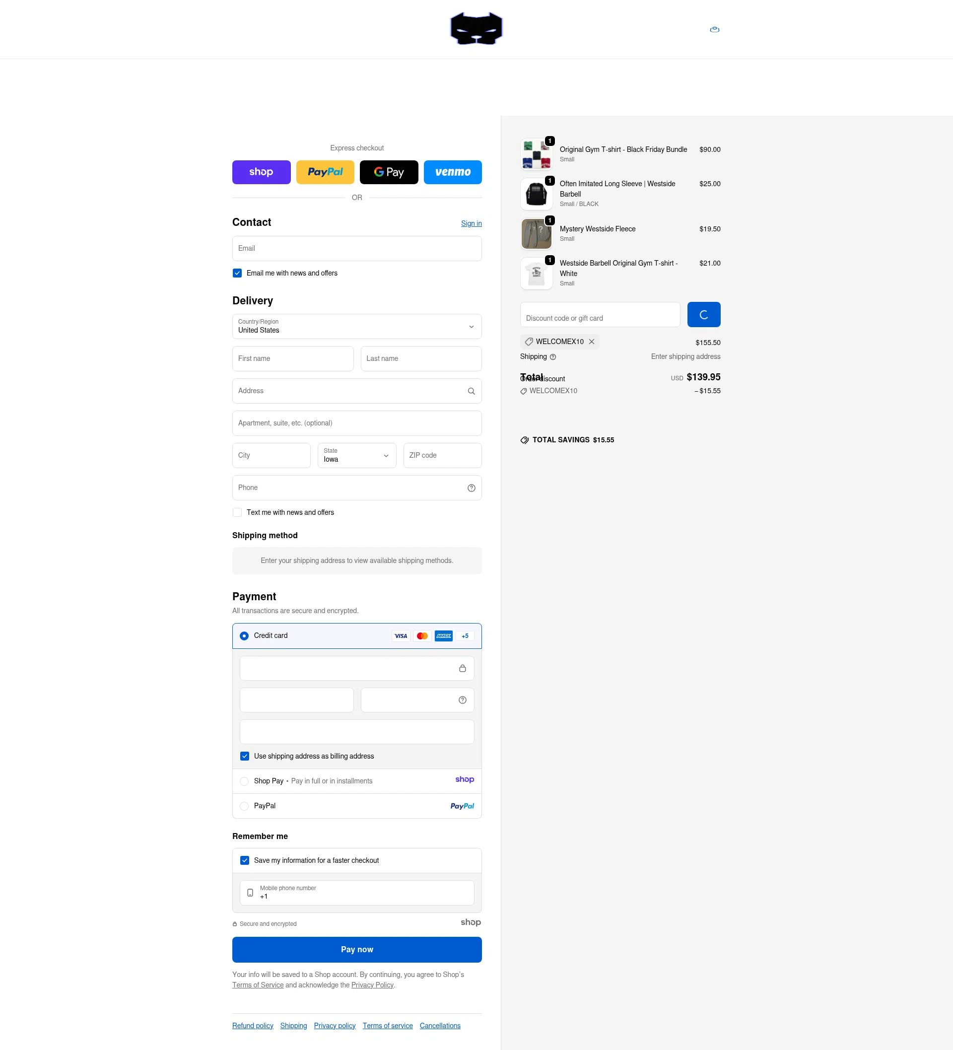 Westside Barbell checkout page showing Westside Barbell promo code box | Screenshot taken by SimplyCodes community member on Jan 9, 2026
