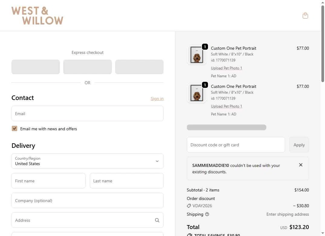 West & Willow checkout page showing West & Willow discount code box | Screenshot taken by SimplyCodes community member on Feb 2, 2026