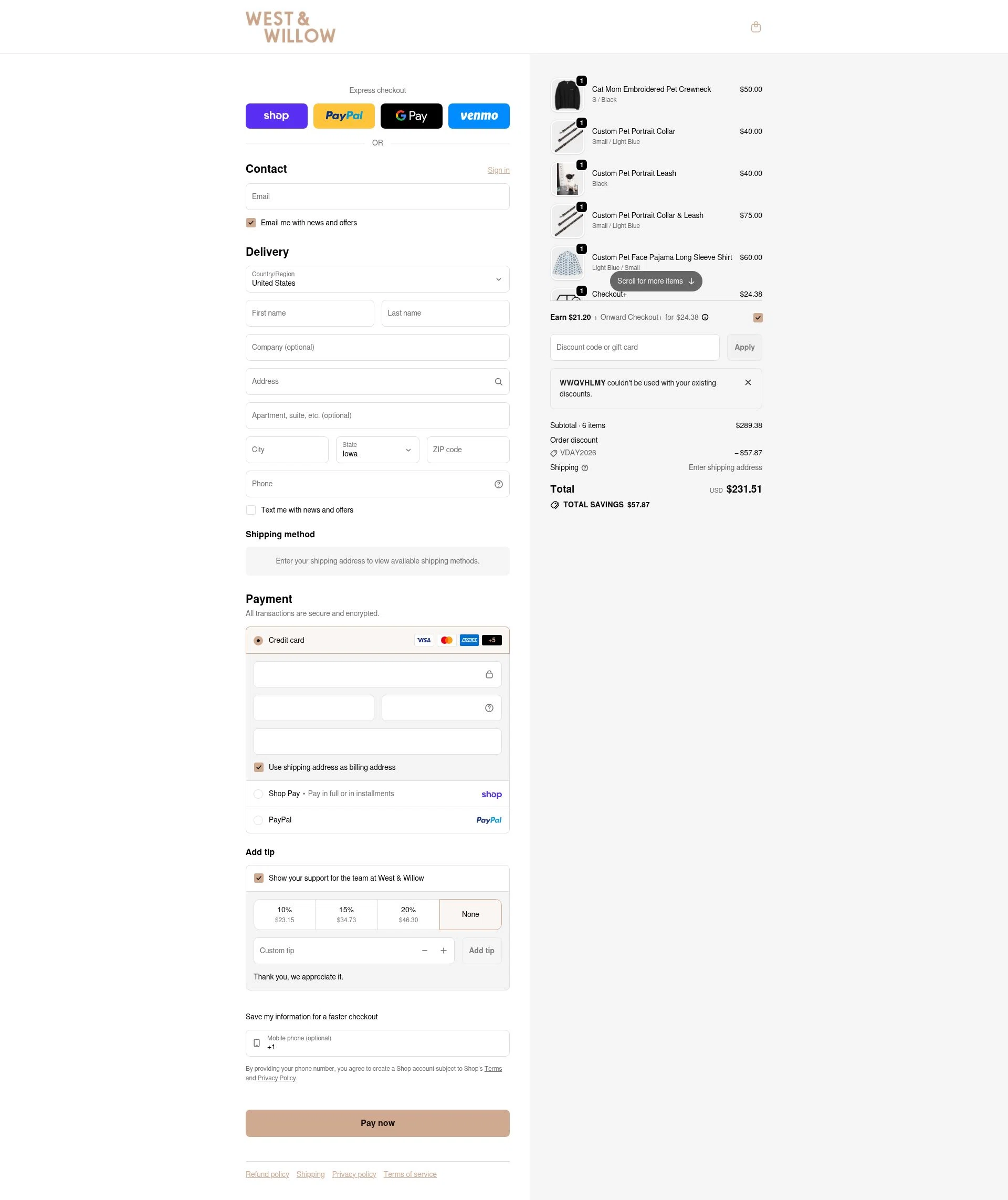 West & Willow checkout page showing West & Willow discount code box | Screenshot taken by SimplyCodes community member on Feb 2, 2026