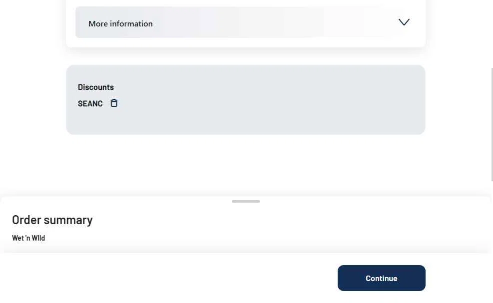 Wet 'n Wild Emerald Pointe checkout page showing Wet 'n Wild Emerald Pointe promo code box | Screenshot taken by SimplyCodes community member on Jul 21, 2025