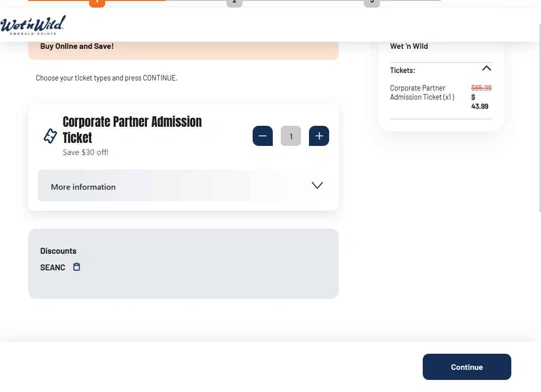 Wet 'n Wild Emerald Pointe checkout page showing Wet 'n Wild Emerald Pointe promo code box | Screenshot taken by SimplyCodes community member on Jul 21, 2025