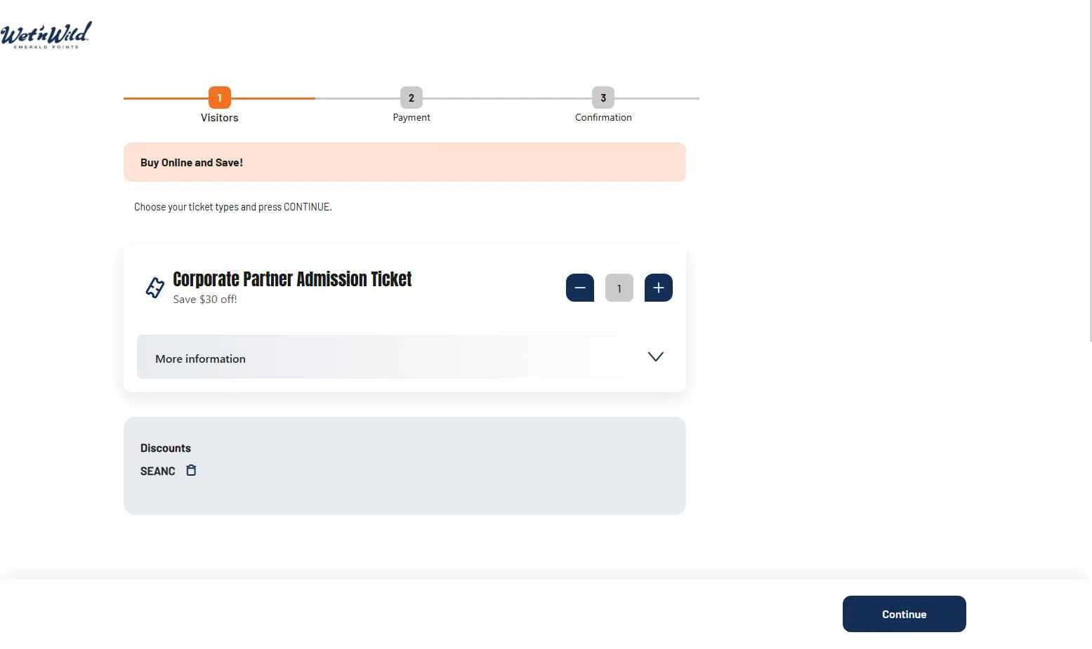 Wet 'n Wild Emerald Pointe checkout page showing Wet 'n Wild Emerald Pointe promo code box | Screenshot taken by SimplyCodes community member on Jul 21, 2025