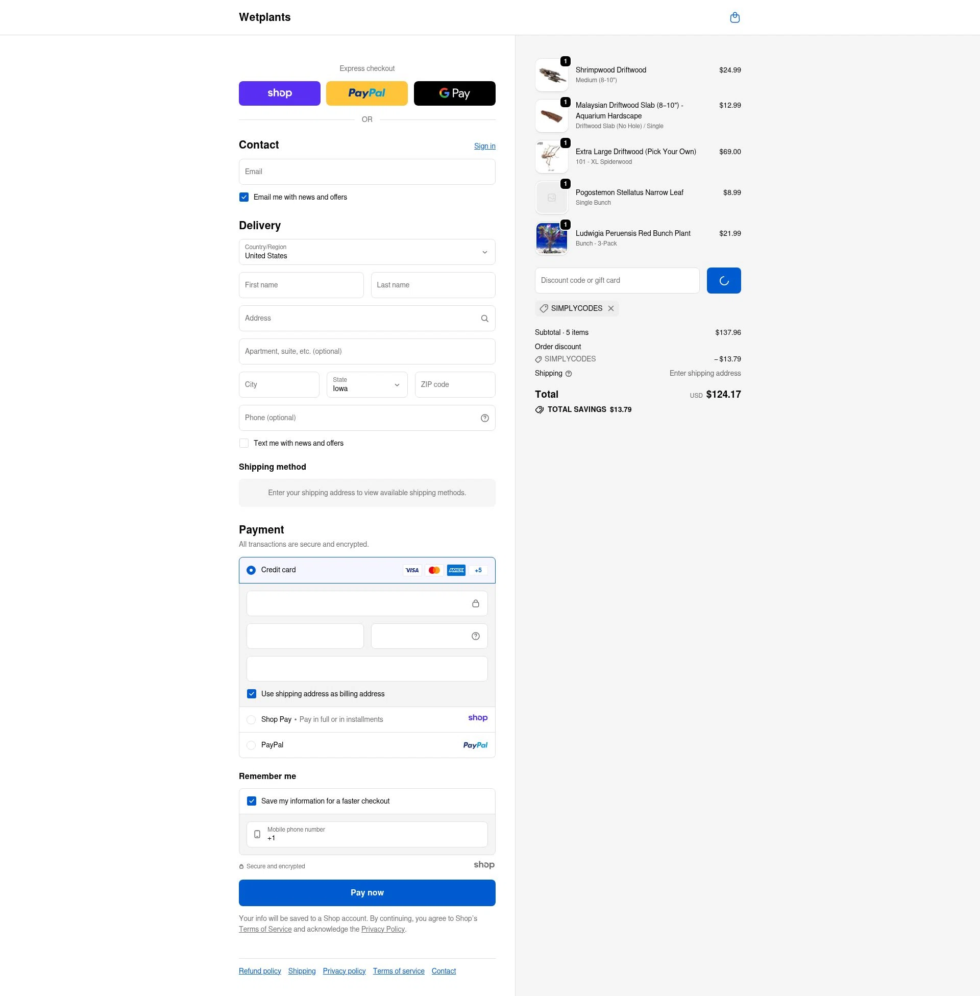 Wetplants checkout page showing Wetplants coupon code box | Screenshot taken by SimplyCodes community member on Jan 6, 2026