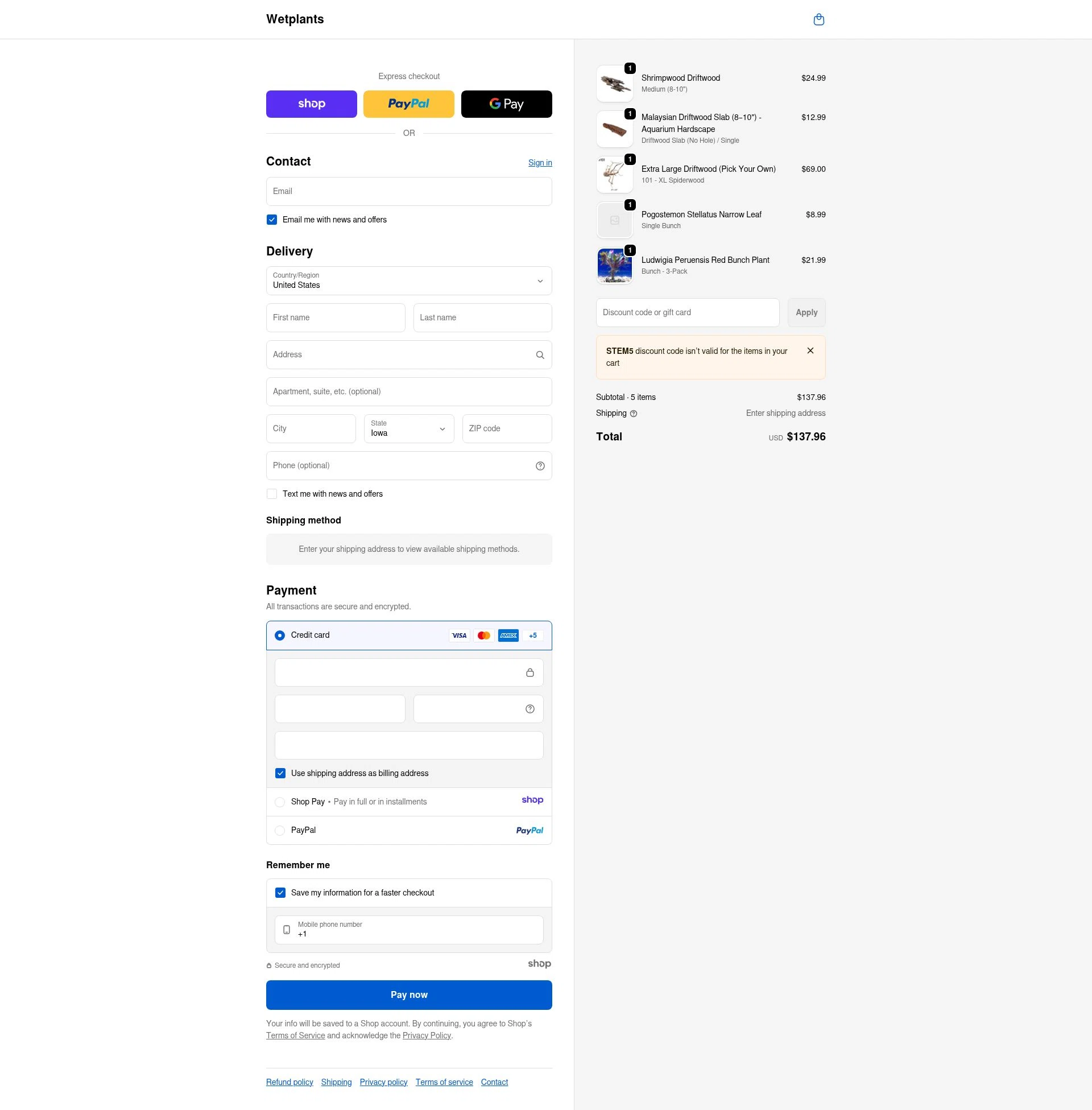 Wetplants checkout page showing Wetplants coupon code box | Screenshot taken by SimplyCodes community member on Jan 6, 2026