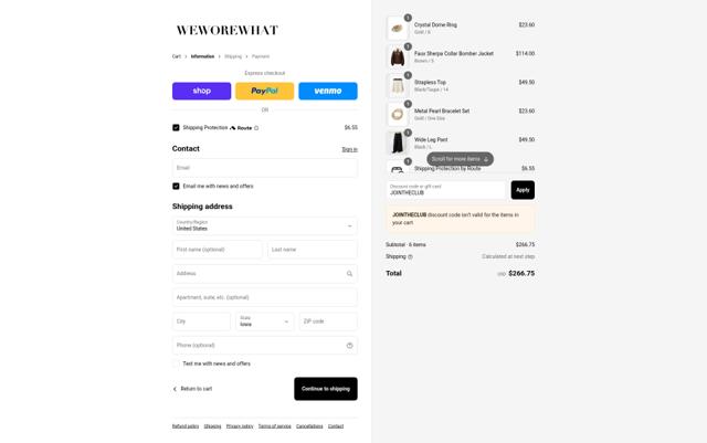 WeWoreWhat checkout page showing WeWoreWhat promo code box | Screenshot taken by SimplyCodes community member on Sep 15, 2025