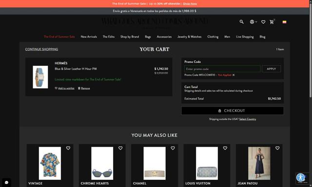 What Goes Around Comes Around checkout page showing What Goes Around Comes Around promo code box | Screenshot taken by SimplyCodes community member on Aug 22, 2025
