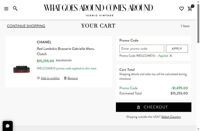 What Goes Around Comes Around checkout page showing What Goes Around Comes Around promo code box | Screenshot taken by SimplyCodes community member on Sep 9, 2025