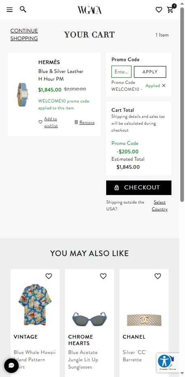 What Goes Around Comes Around checkout page showing What Goes Around Comes Around promo code box | Screenshot taken by SimplyCodes community member on Aug 16, 2025