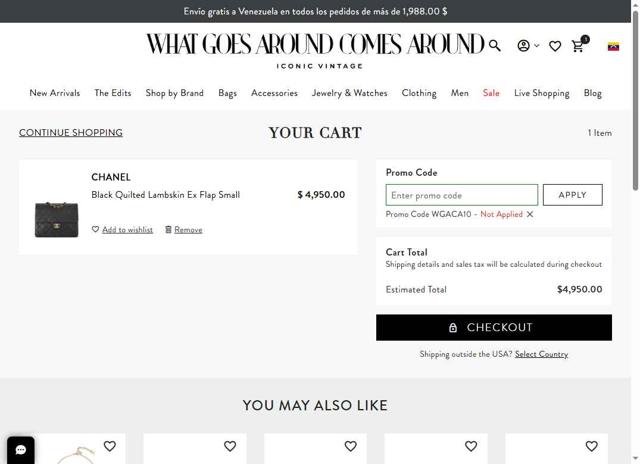 What Goes Around Comes Around checkout page showing What Goes Around Comes Around promo code box | Screenshot taken by SimplyCodes community member on Aug 19, 2025