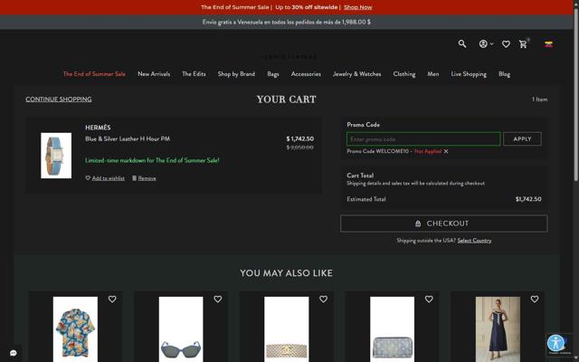 What Goes Around Comes Around checkout page showing What Goes Around Comes Around promo code box | Screenshot taken by SimplyCodes community member on Aug 28, 2025