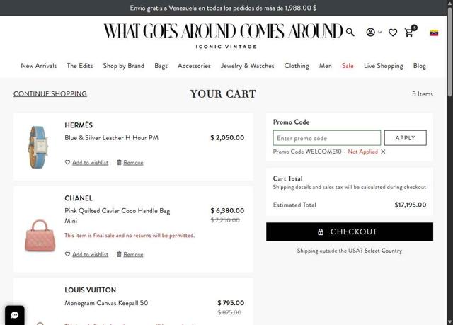 What Goes Around Comes Around checkout page showing What Goes Around Comes Around promo code box | Screenshot taken by SimplyCodes community member on Aug 10, 2025