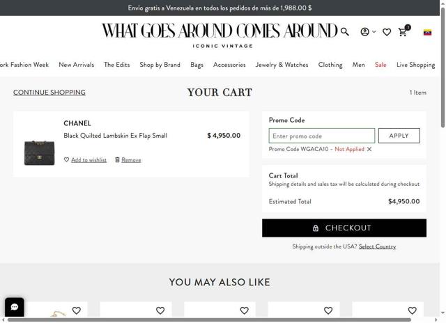 What Goes Around Comes Around checkout page showing What Goes Around Comes Around promo code box | Screenshot taken by SimplyCodes community member on Sep 9, 2025