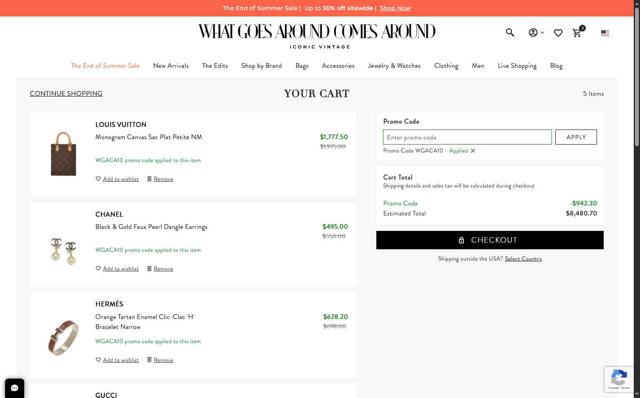 What Goes Around Comes Around checkout page showing What Goes Around Comes Around promo code box | Screenshot taken by SimplyCodes community member on Aug 29, 2025