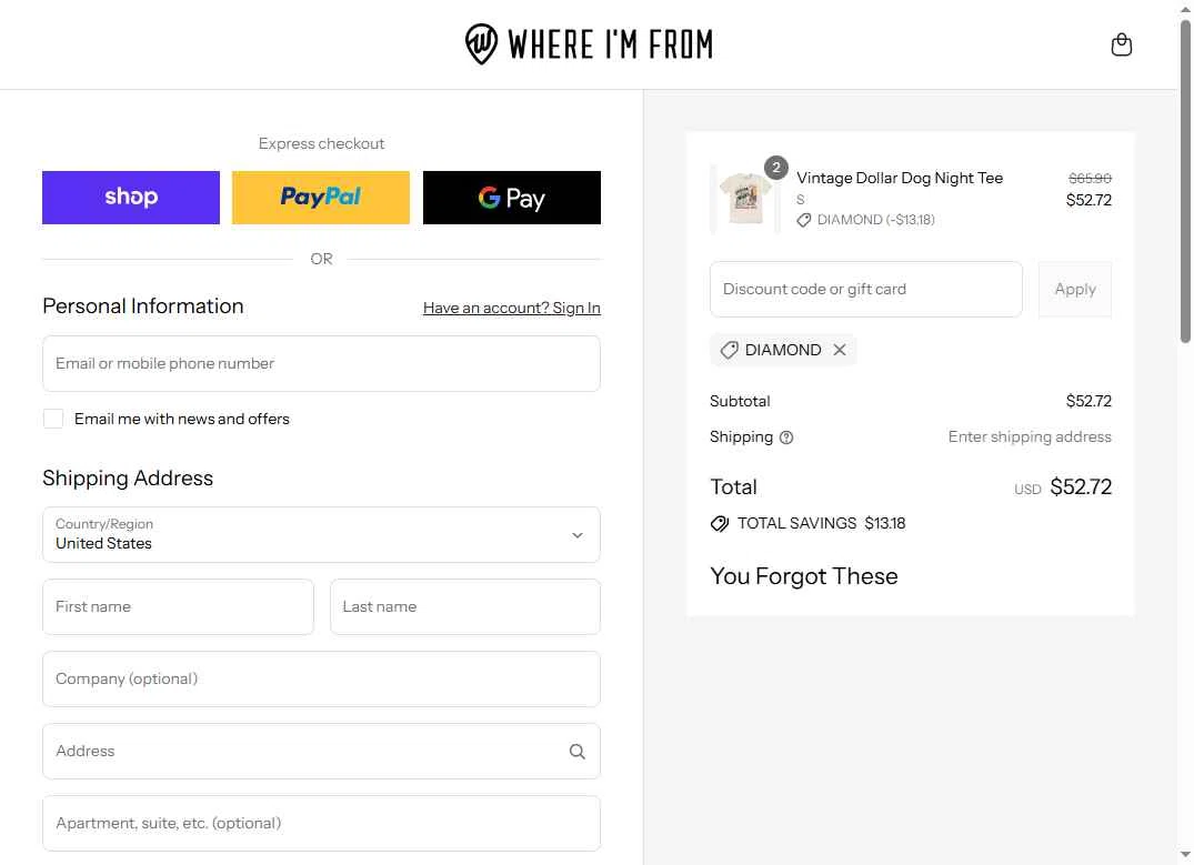 Where I'm From checkout page showing Where I'm From promo code box | Screenshot taken by SimplyCodes community member on Sep 11, 2025