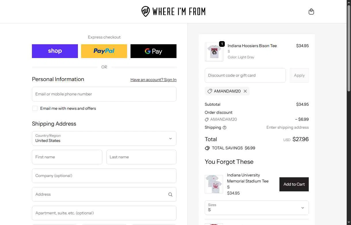 Where I'm From checkout page showing Where I'm From promo code box | Screenshot taken by SimplyCodes community member on Dec 9, 2025