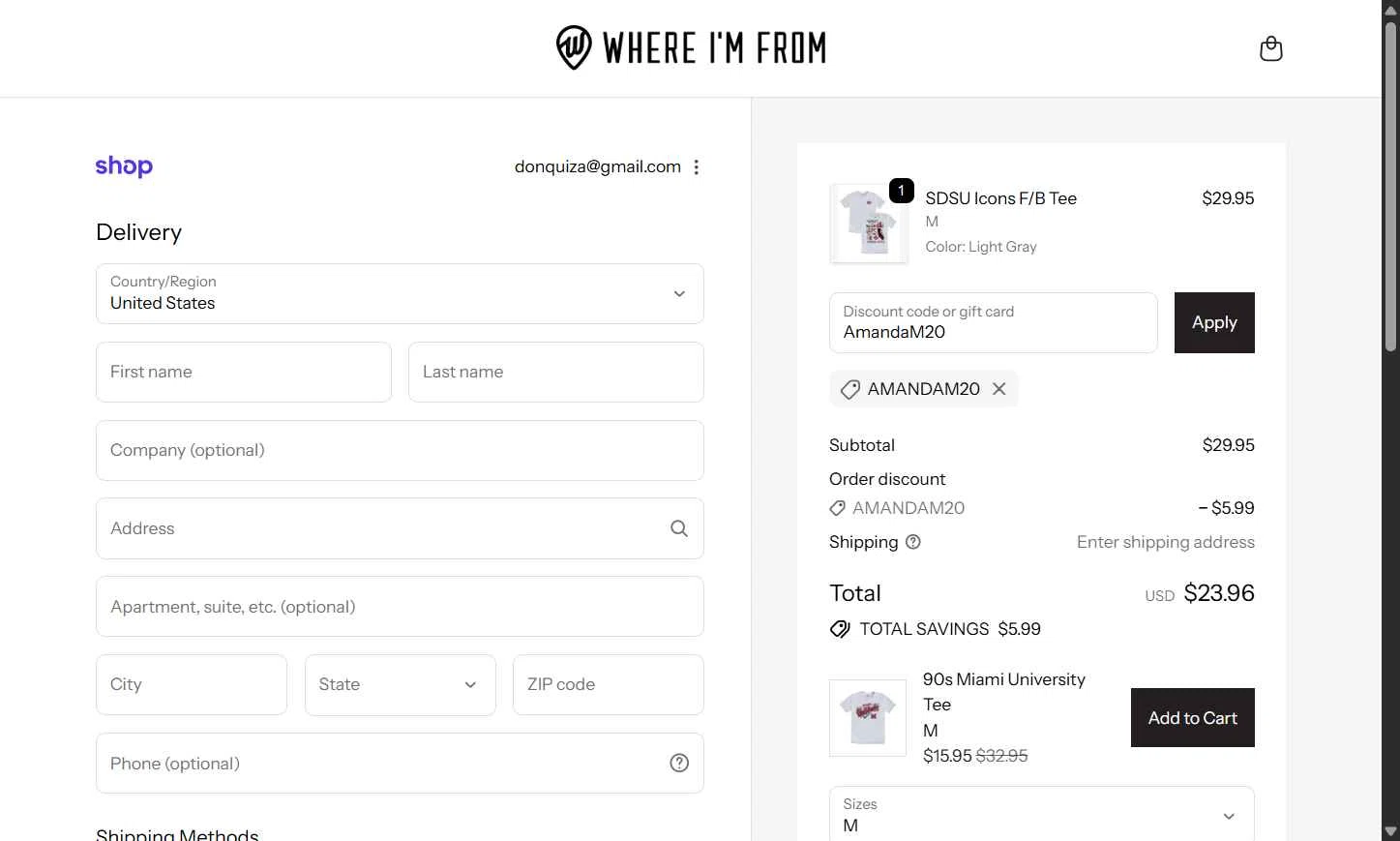 Where I'm From checkout page showing Where I'm From promo code box | Screenshot taken by SimplyCodes community member on Nov 10, 2025