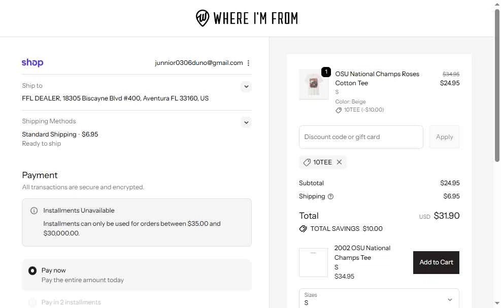 Where I'm From checkout page showing Where I'm From promo code box | Screenshot taken by SimplyCodes community member on Dec 3, 2025