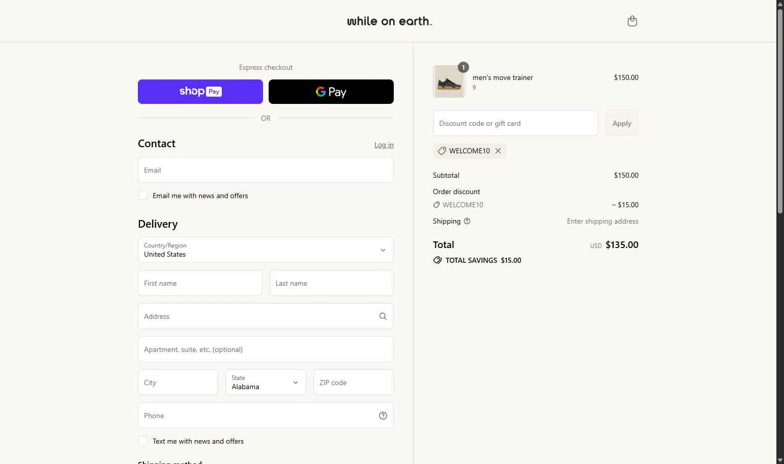 While on Earth checkout page showing While on Earth discount code box | Screenshot taken by SimplyCodes community member on Aug 22, 2025