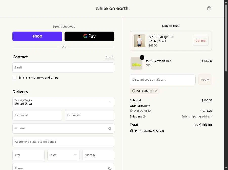 While on Earth checkout page showing While on Earth discount code box | Screenshot taken by SimplyCodes community member on Dec 16, 2025
