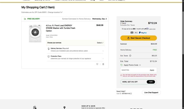 Whirlpool checkout page showing Whirlpool promo code box | Screenshot taken by SimplyCodes community member on Aug 28, 2025