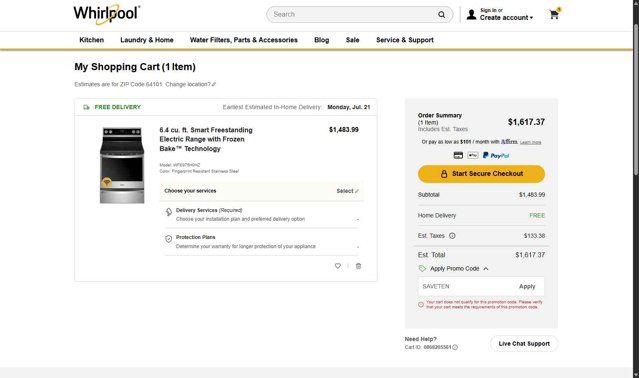 Whirlpool checkout page showing Whirlpool promo code box | Screenshot taken by SimplyCodes community member on Jul 4, 2025