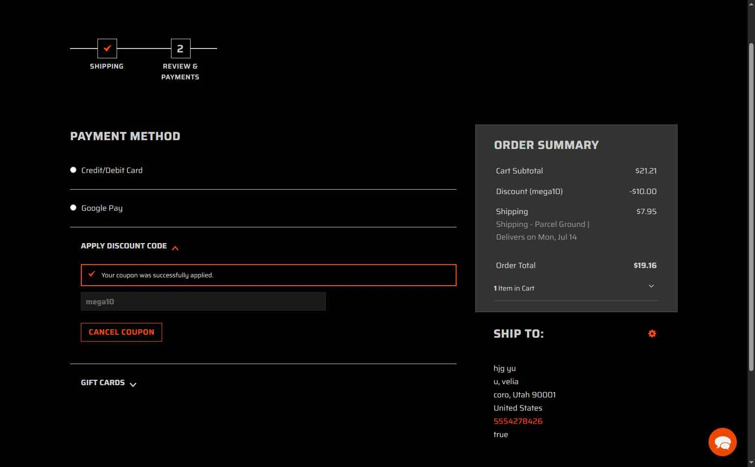 Whisker Seeker Tackle checkout page showing Whisker Seeker Tackle coupon code box | Screenshot taken by SimplyCodes community member on Jul 4, 2025