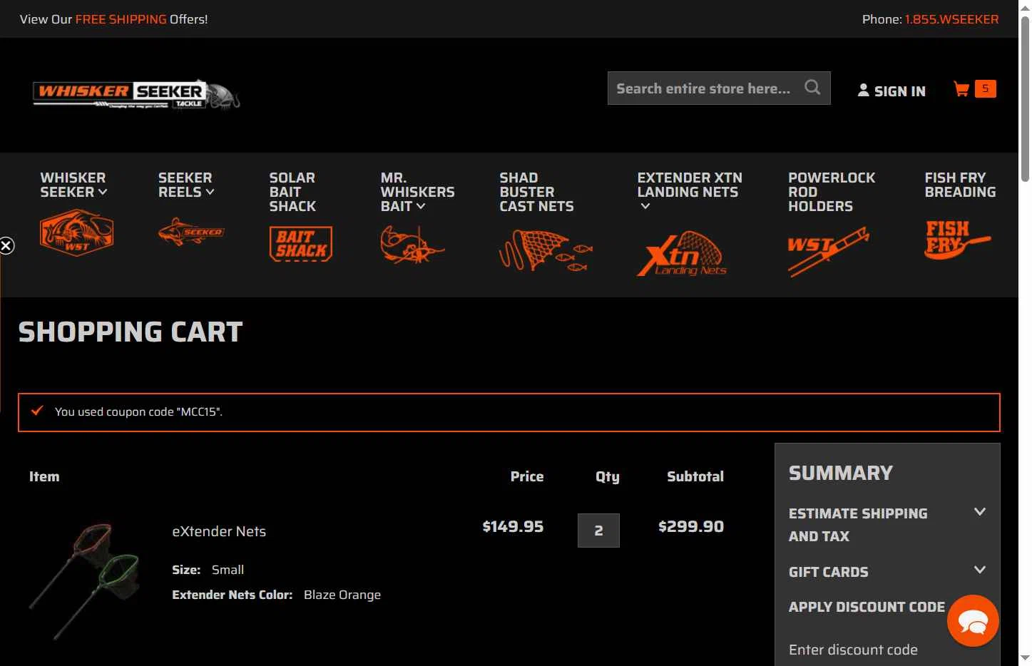 Whisker Seeker Tackle checkout page showing Whisker Seeker Tackle coupon code box | Screenshot taken by SimplyCodes community member on Jun 18, 2025
