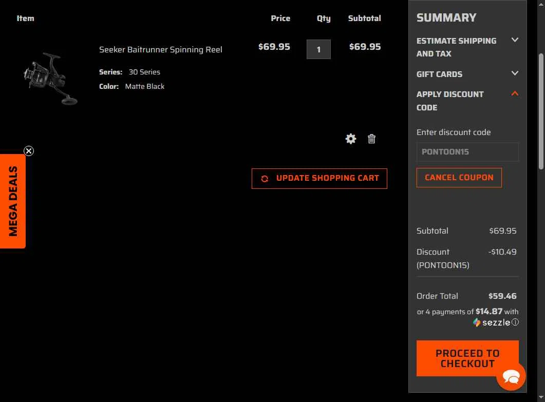 Whisker Seeker Tackle checkout page showing Whisker Seeker Tackle coupon code box | Screenshot taken by SimplyCodes community member on Aug 5, 2025