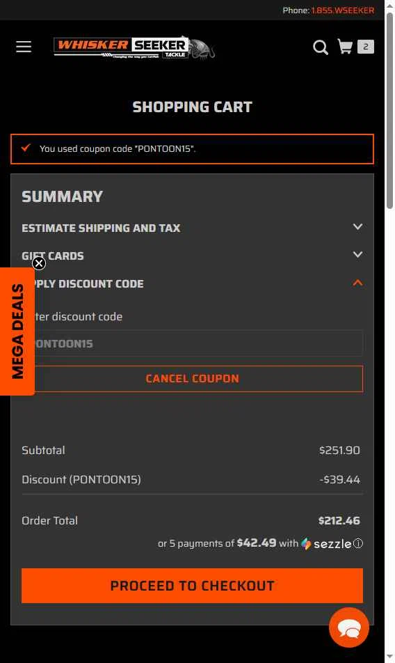 Whisker Seeker Tackle checkout page showing Whisker Seeker Tackle coupon code box | Screenshot taken by SimplyCodes community member on Jun 18, 2025