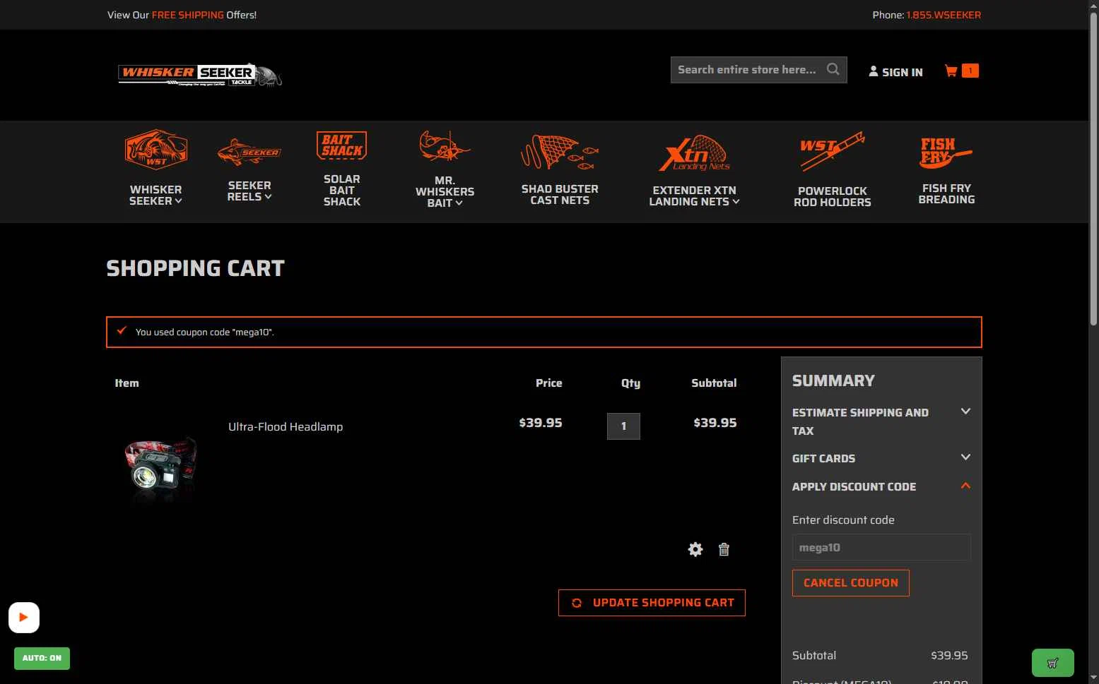 Whisker Seeker Tackle checkout page showing Whisker Seeker Tackle coupon code box | Screenshot taken by SimplyCodes community member on Jan 20, 2026