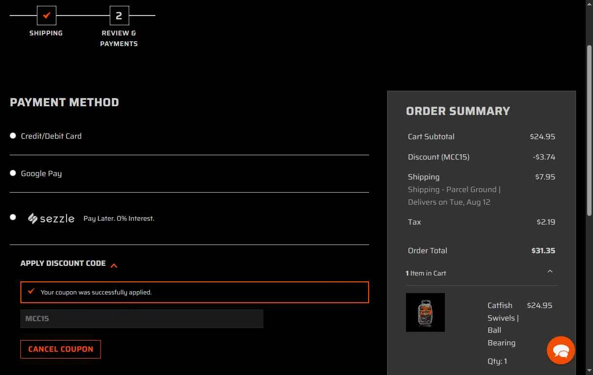 Whisker Seeker Tackle checkout page showing Whisker Seeker Tackle coupon code box | Screenshot taken by SimplyCodes community member on Aug 5, 2025