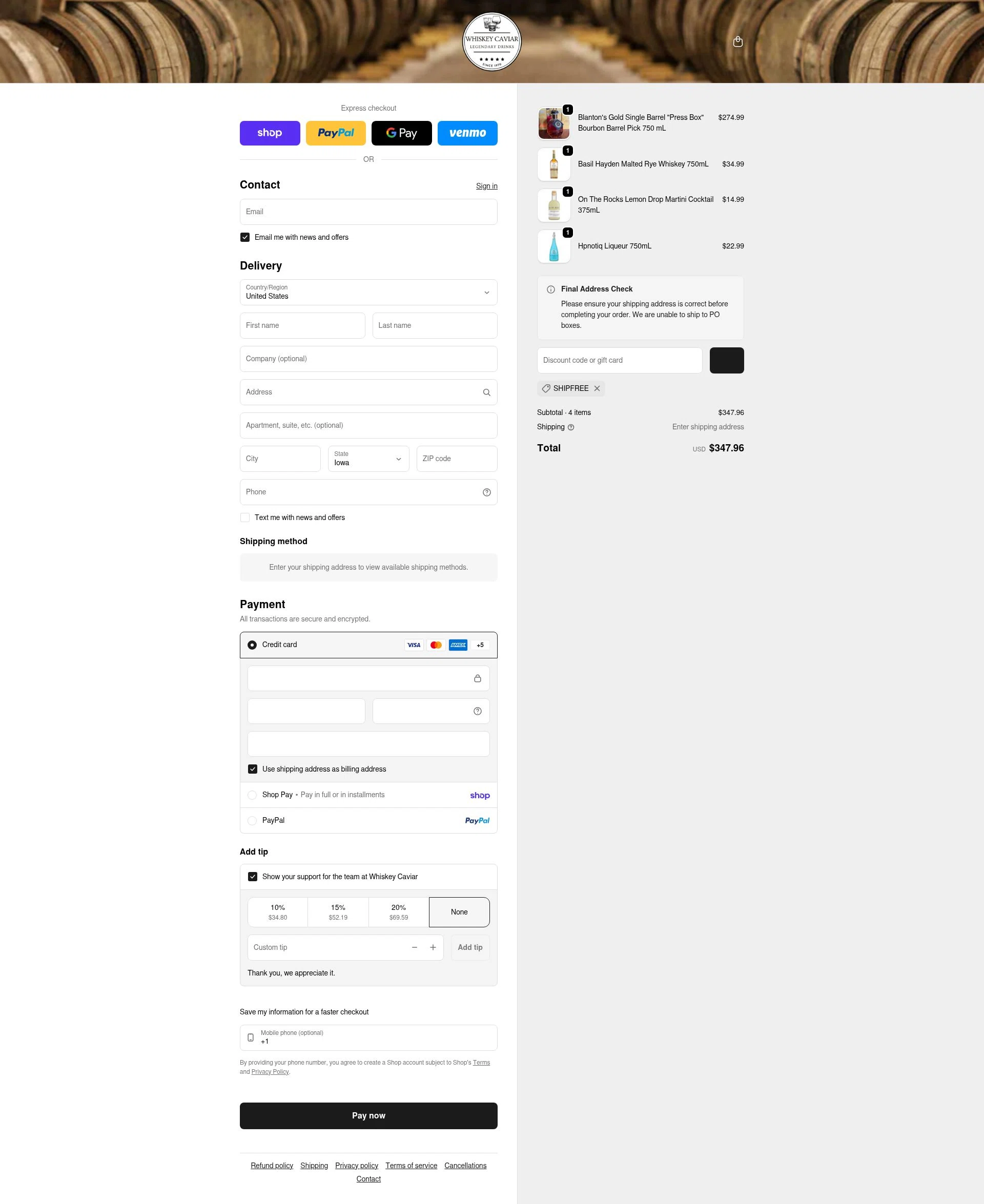 Whiskey Caviar checkout page showing Whiskey Caviar discount code box | Screenshot taken by SimplyCodes community member on Feb 6, 2026