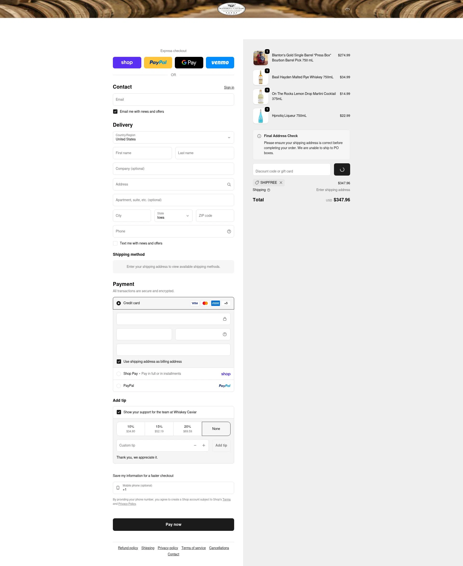 Whiskey Caviar checkout page showing Whiskey Caviar discount code box | Screenshot taken by SimplyCodes community member on Feb 2, 2026