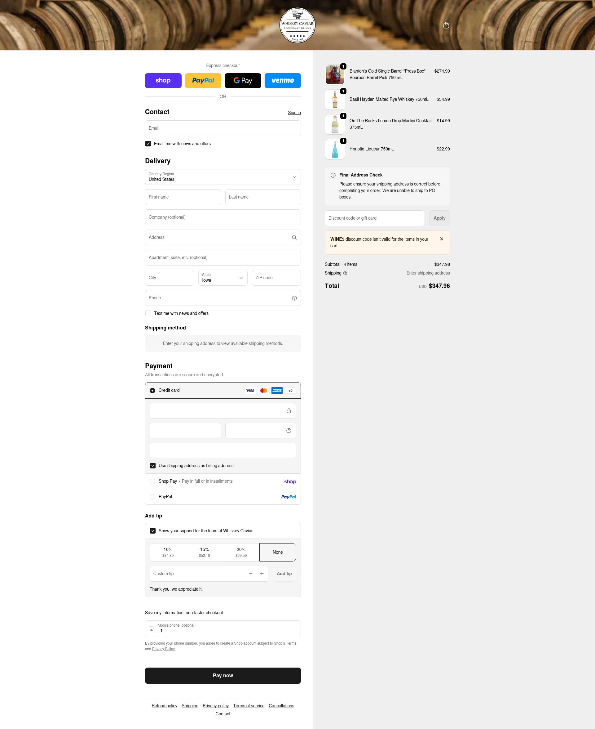 Whiskey Caviar checkout page showing Whiskey Caviar discount code box | Screenshot taken by SimplyCodes community member on Feb 2, 2026