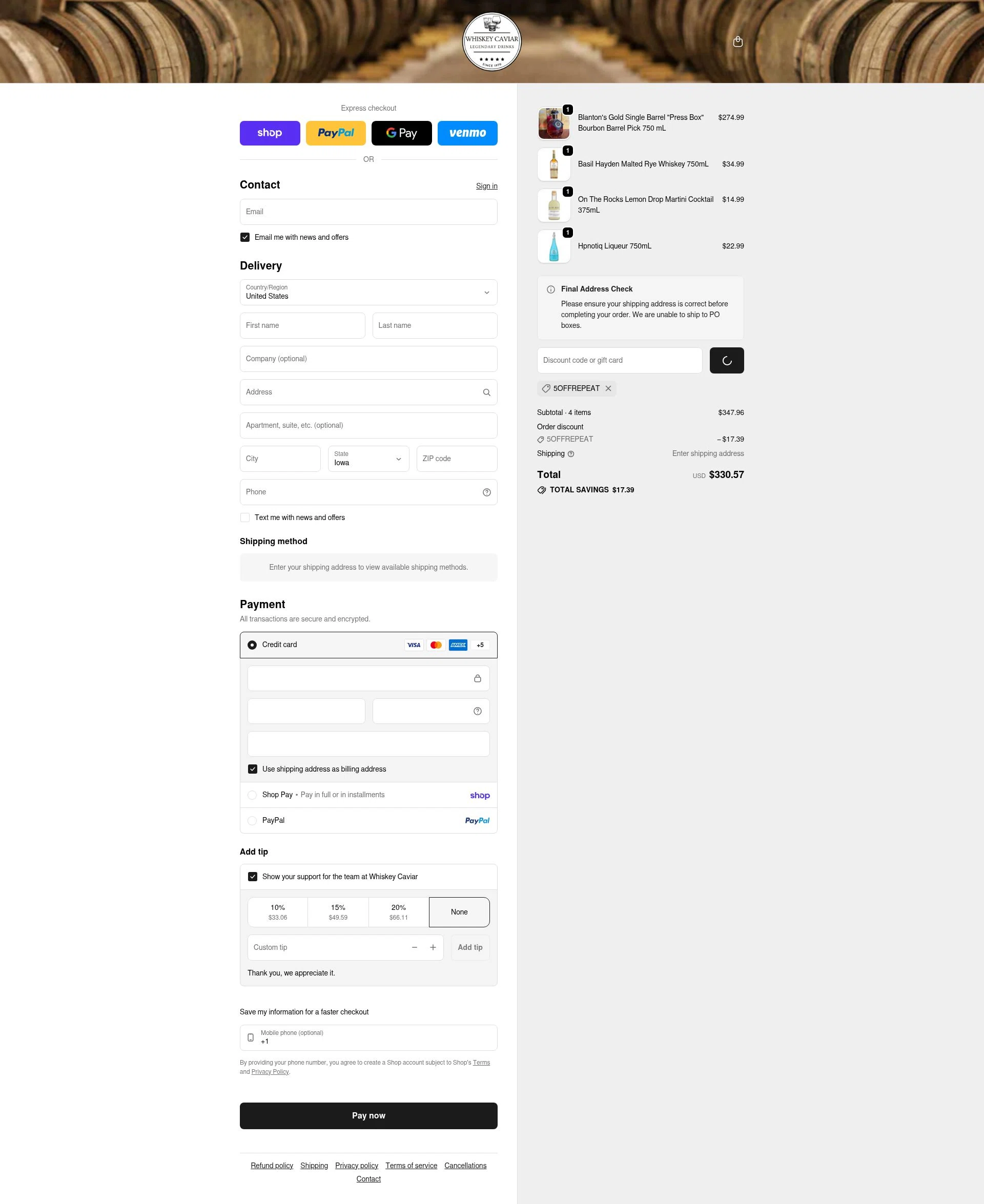 Whiskey Caviar checkout page showing Whiskey Caviar discount code box | Screenshot taken by SimplyCodes community member on Feb 2, 2026