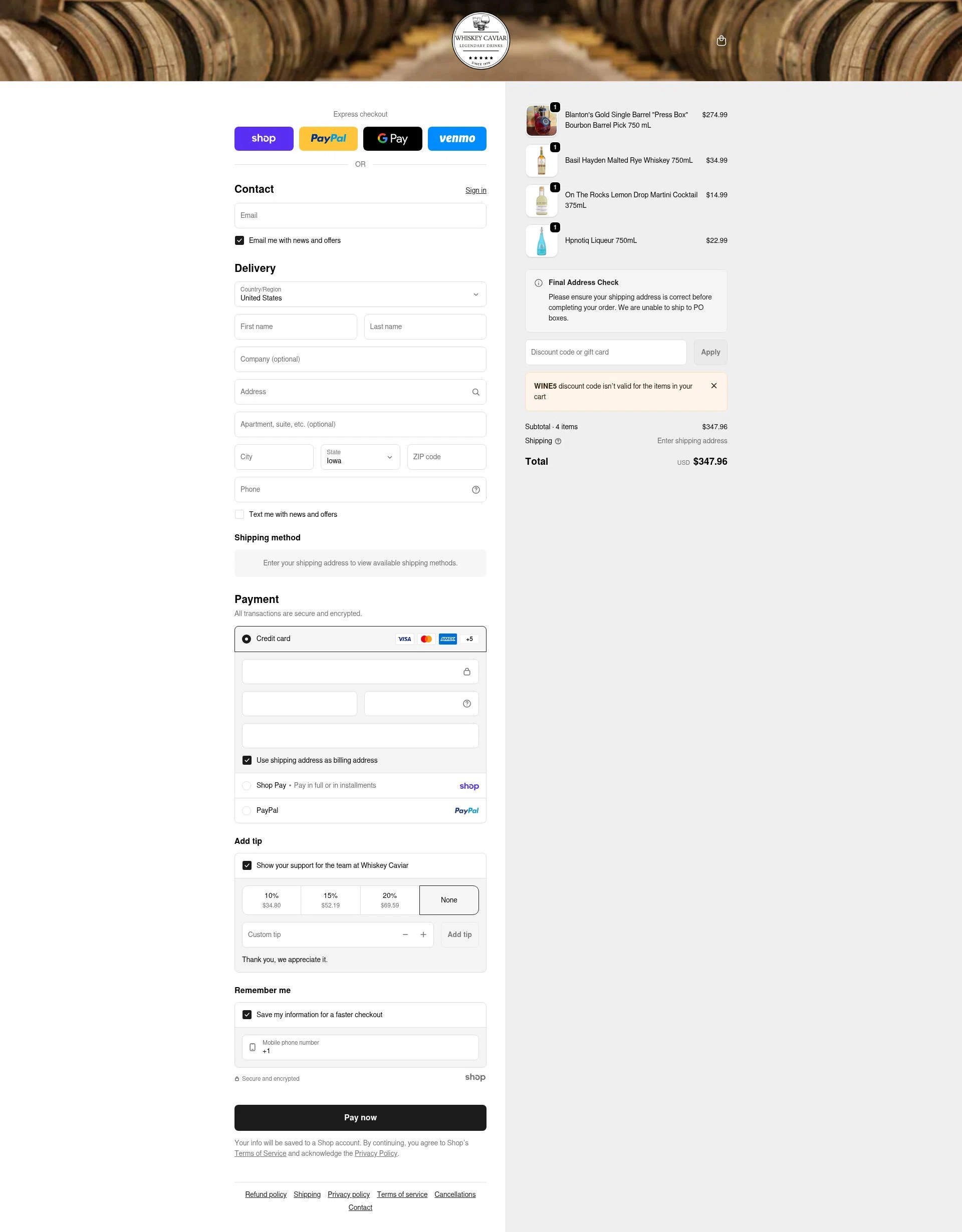 Whiskey Caviar checkout page showing Whiskey Caviar discount code box | Screenshot taken by SimplyCodes community member on Jan 28, 2026