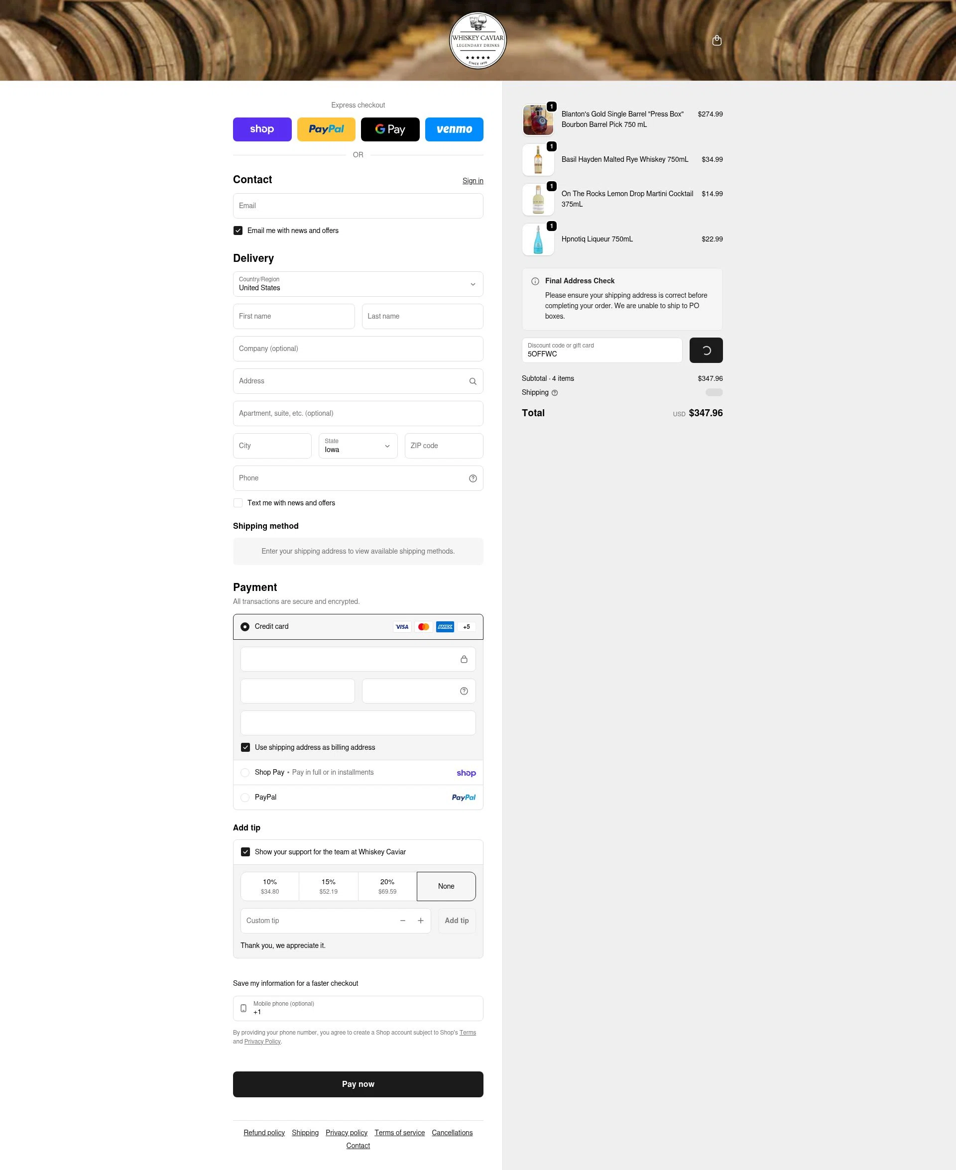 Whiskey Caviar checkout page showing Whiskey Caviar discount code box | Screenshot taken by SimplyCodes community member on Feb 2, 2026