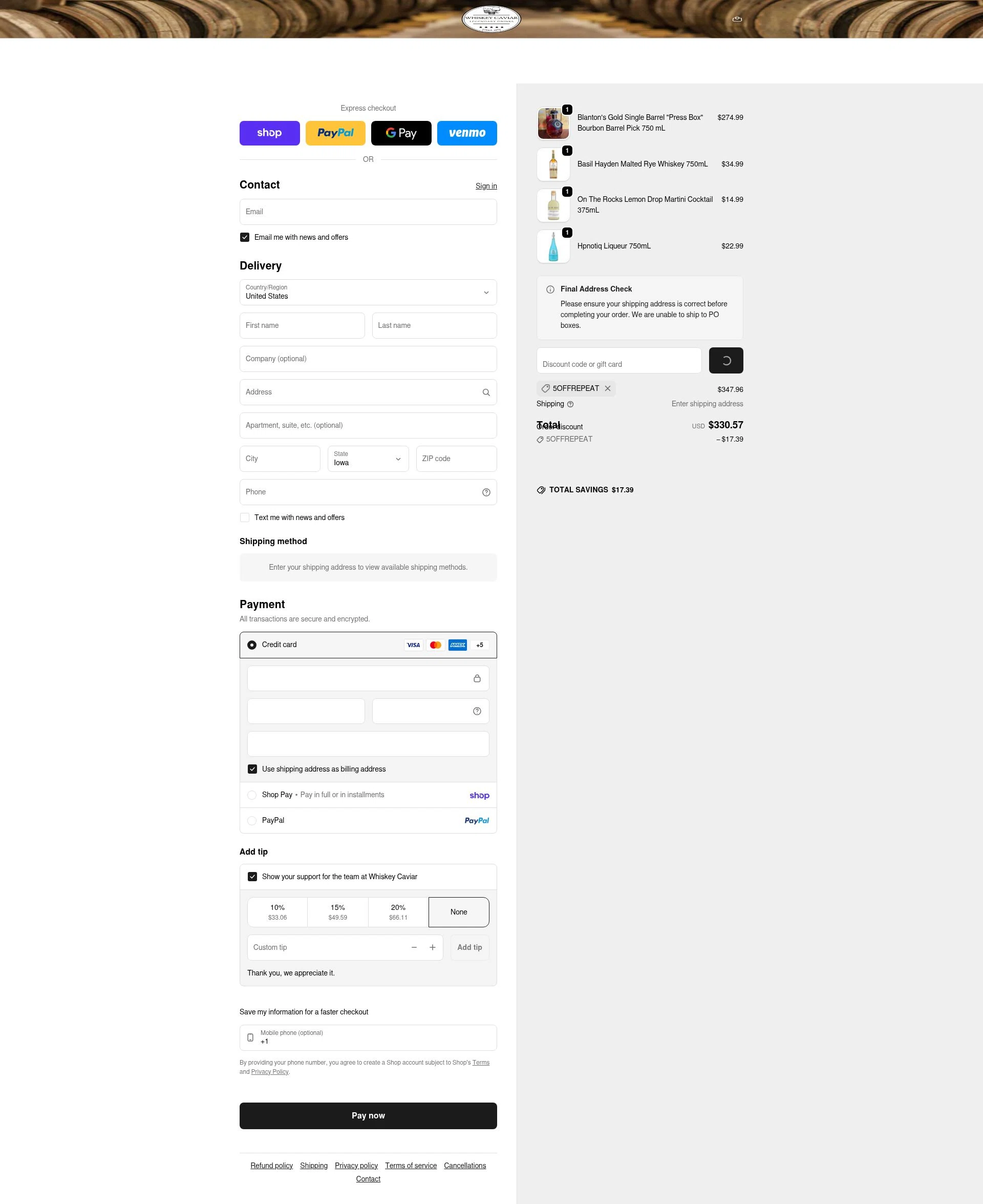 Whiskey Caviar checkout page showing Whiskey Caviar discount code box | Screenshot taken by SimplyCodes community member on Feb 6, 2026