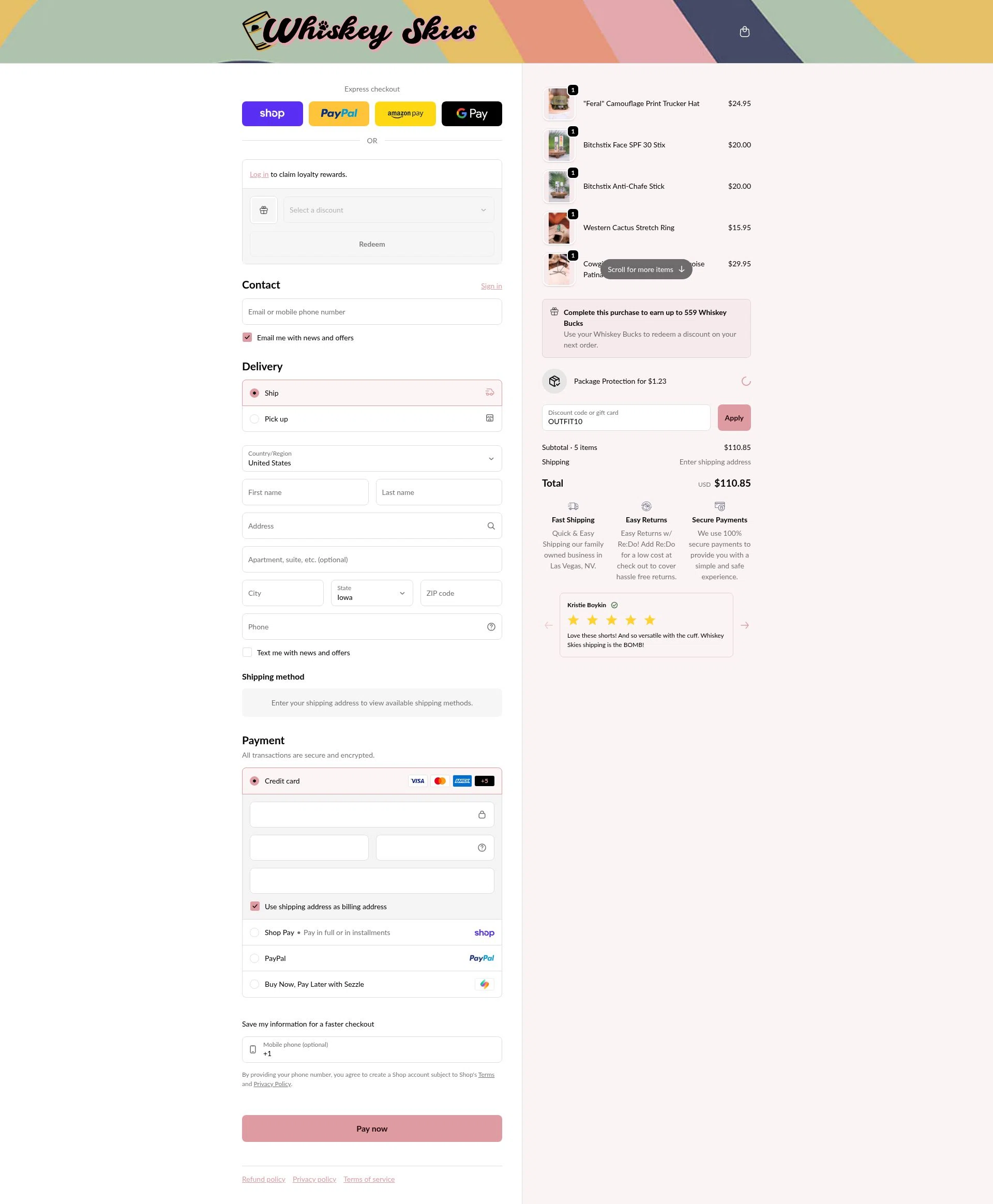 Whiskey Skies Boutique checkout page showing Whiskey Skies Boutique coupon code box | Screenshot taken by SimplyCodes community member on Feb 18, 2026